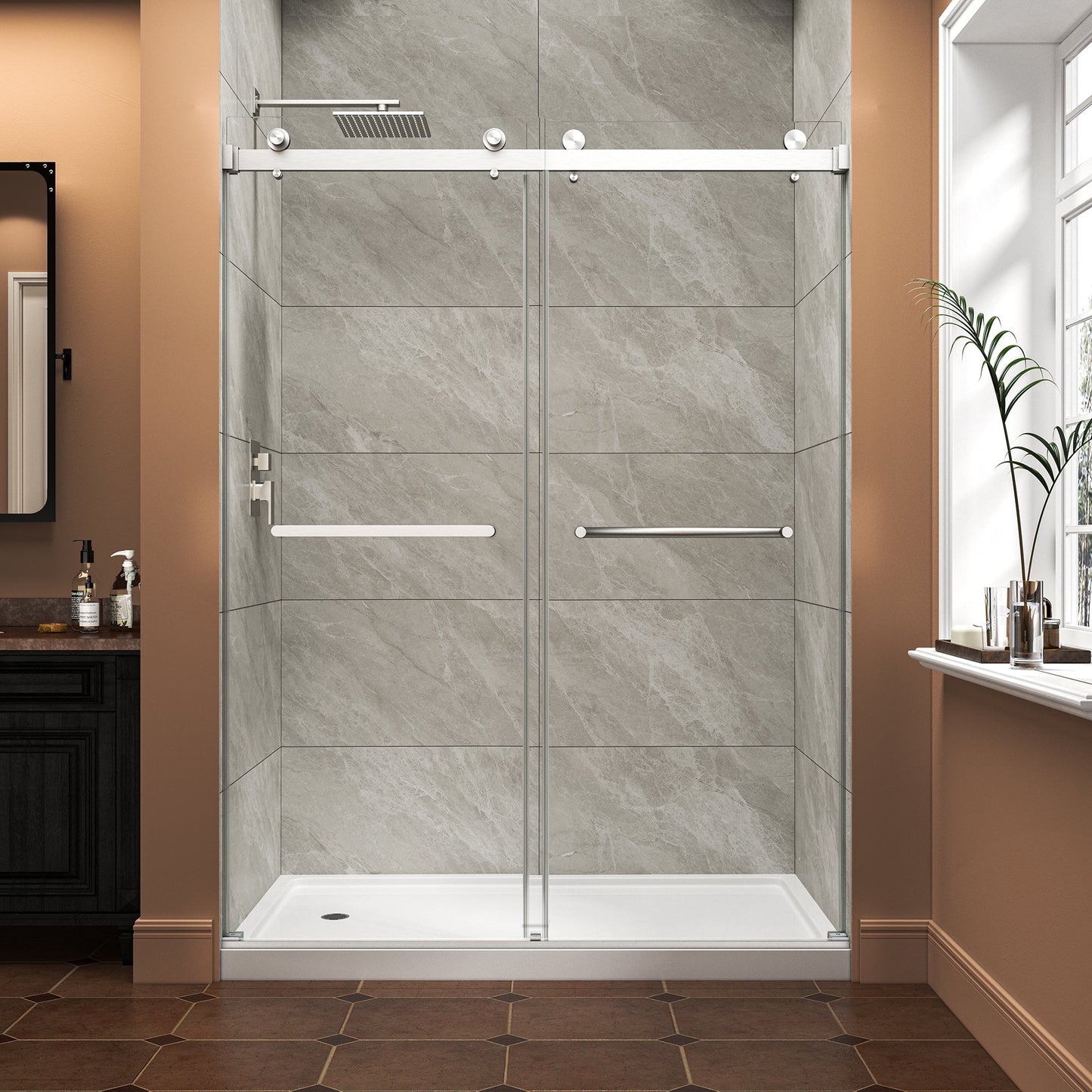 55"-60" W x 76" H Brushed Nickel Reversible Frameless Sliding Shower Door