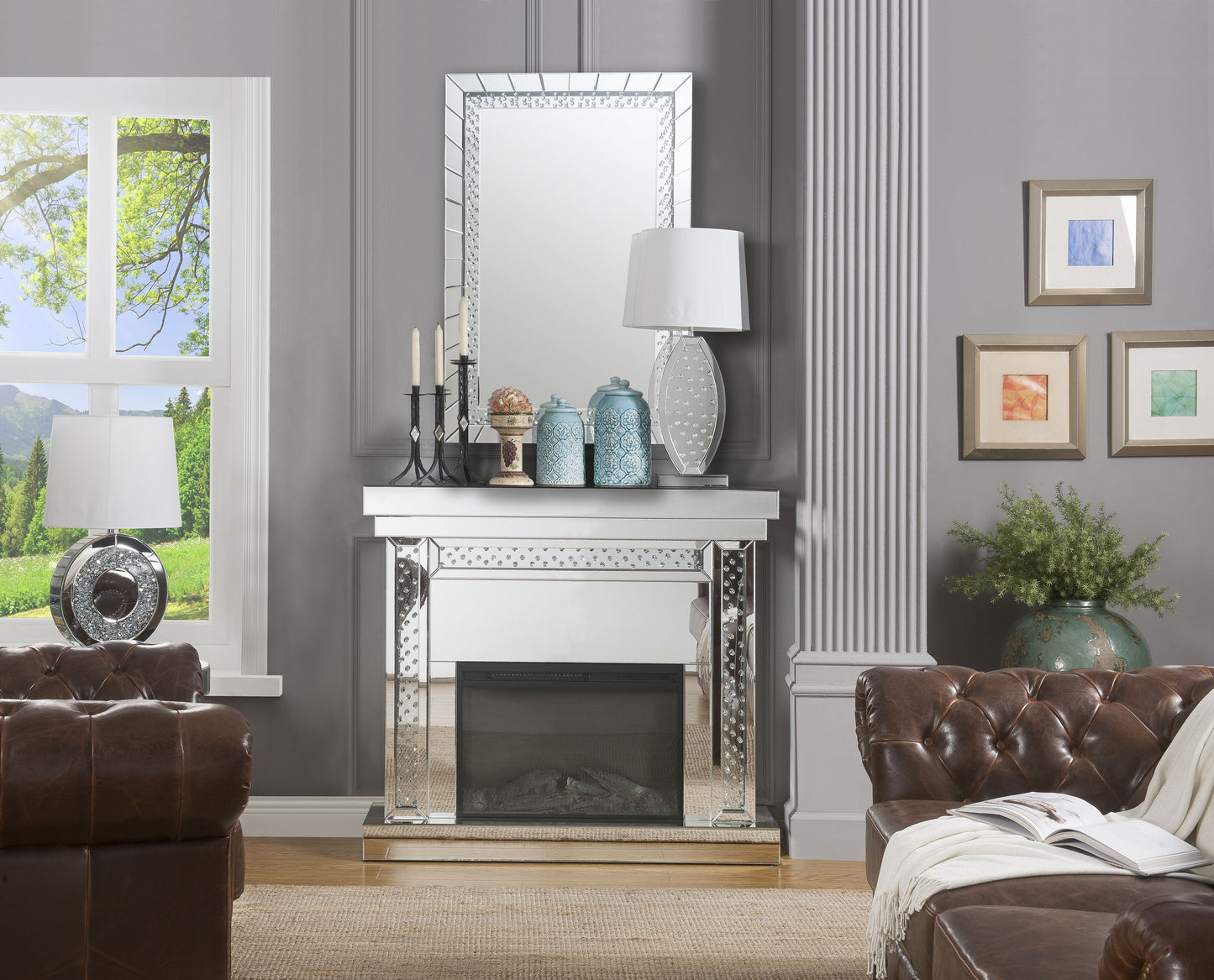Nysa Mirrored & Faux Crystals Fireplace