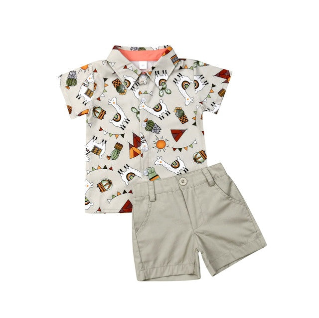 Summer boys and girls suit cartoon printed shirt solid color shorts suit