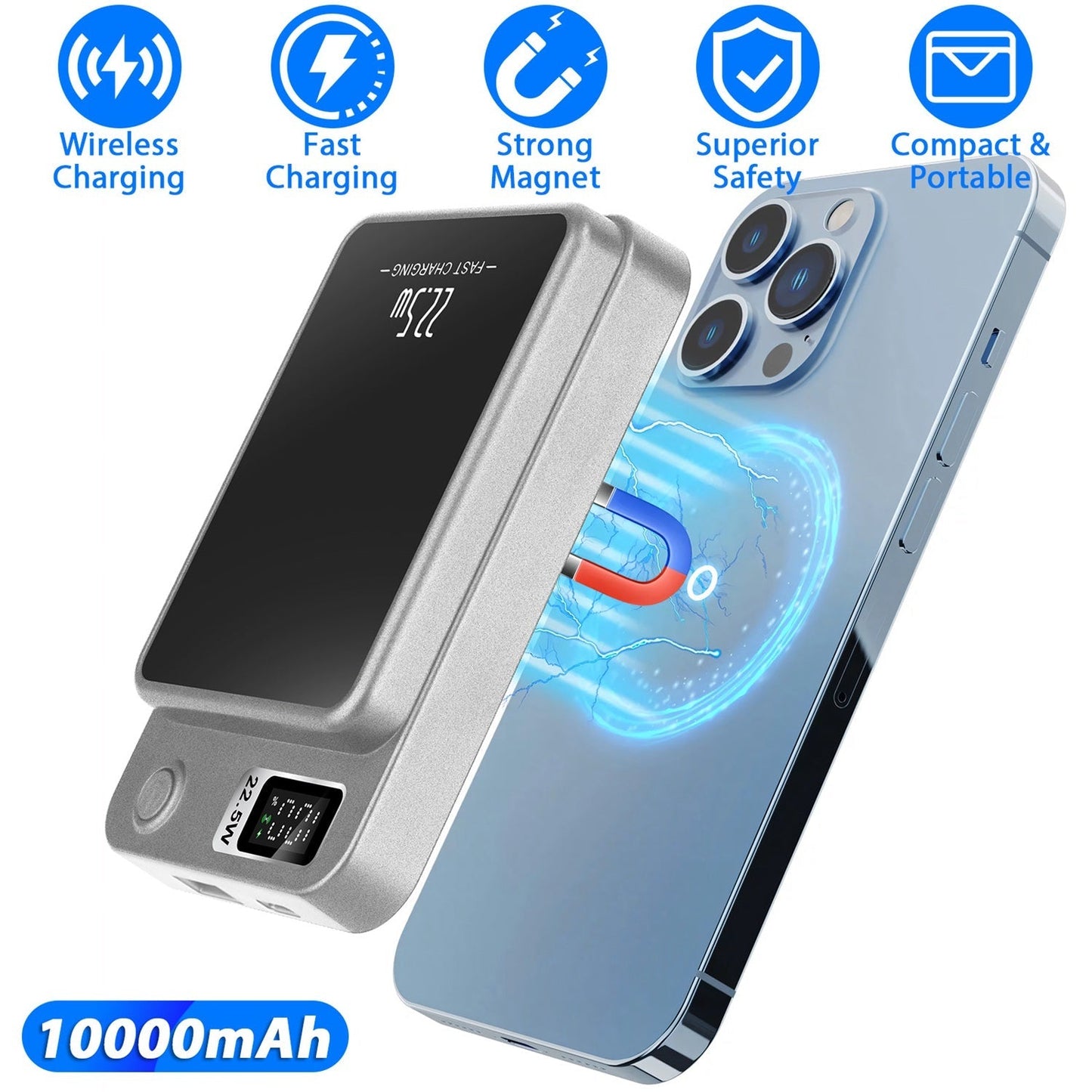 2 In 1 Magnetic Wireless Power Bank 10000mAh PD20W Fast Charger MagSafe Wireless Power Bank Fit for IOS Phones IOS Phone 14 Series And More