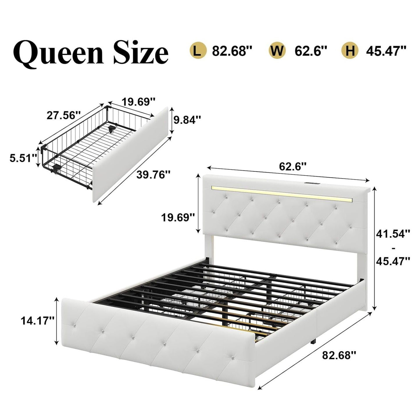 Upholstered Bed Frame With LED Lights, 4 Storage Drawers, Charging Station