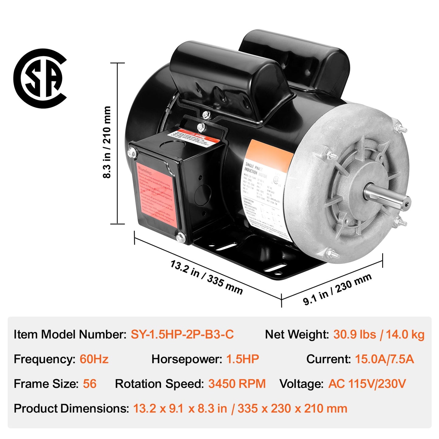 1.5HP Electric Motor 3450 RPM AC 115V/230V