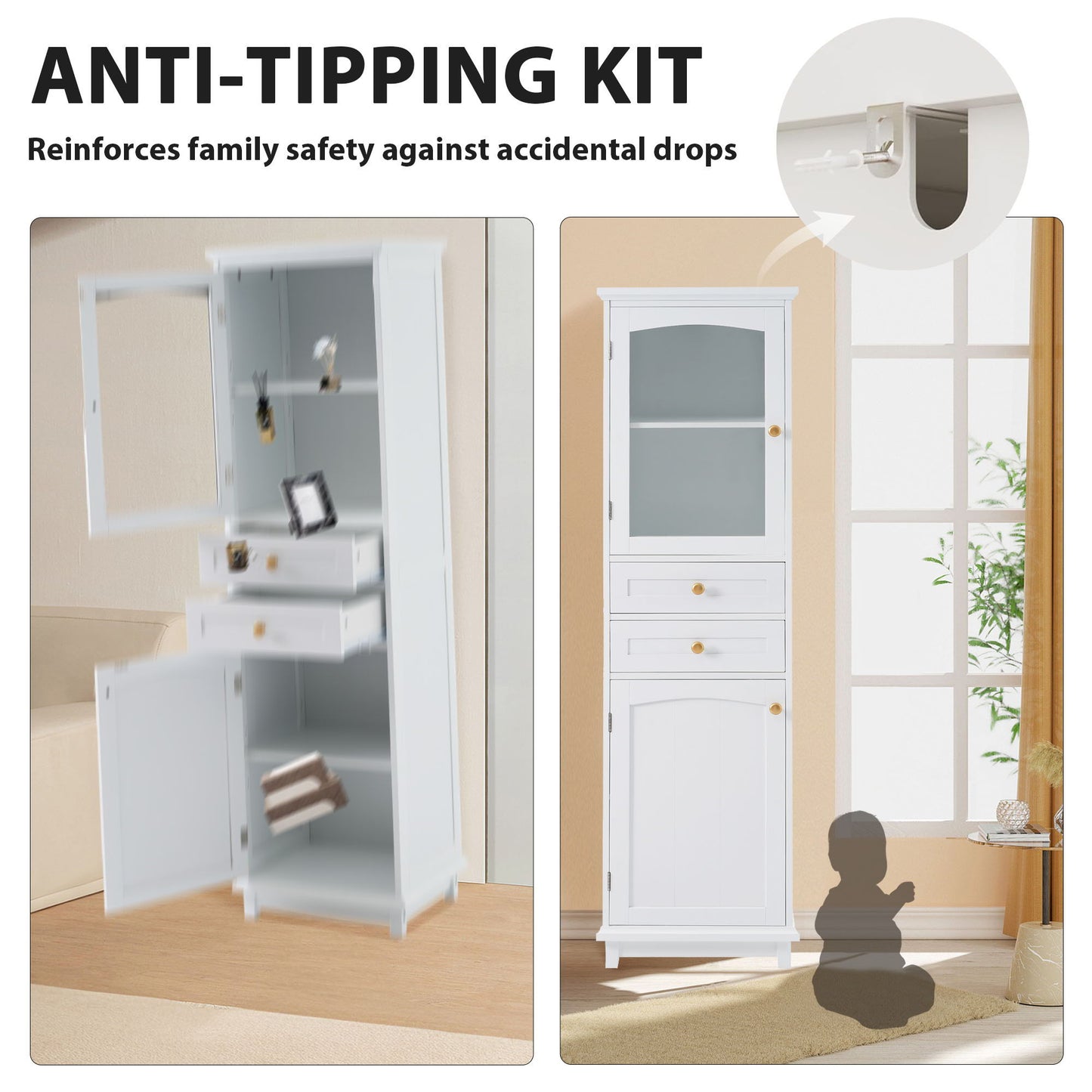 Tall Bathroom Storage Cabinet With Glass Doors, Free-Standing, Two Drawers, And Adjustable Shelves, Board, Painted Perfect For Displaying Your Favorite Items