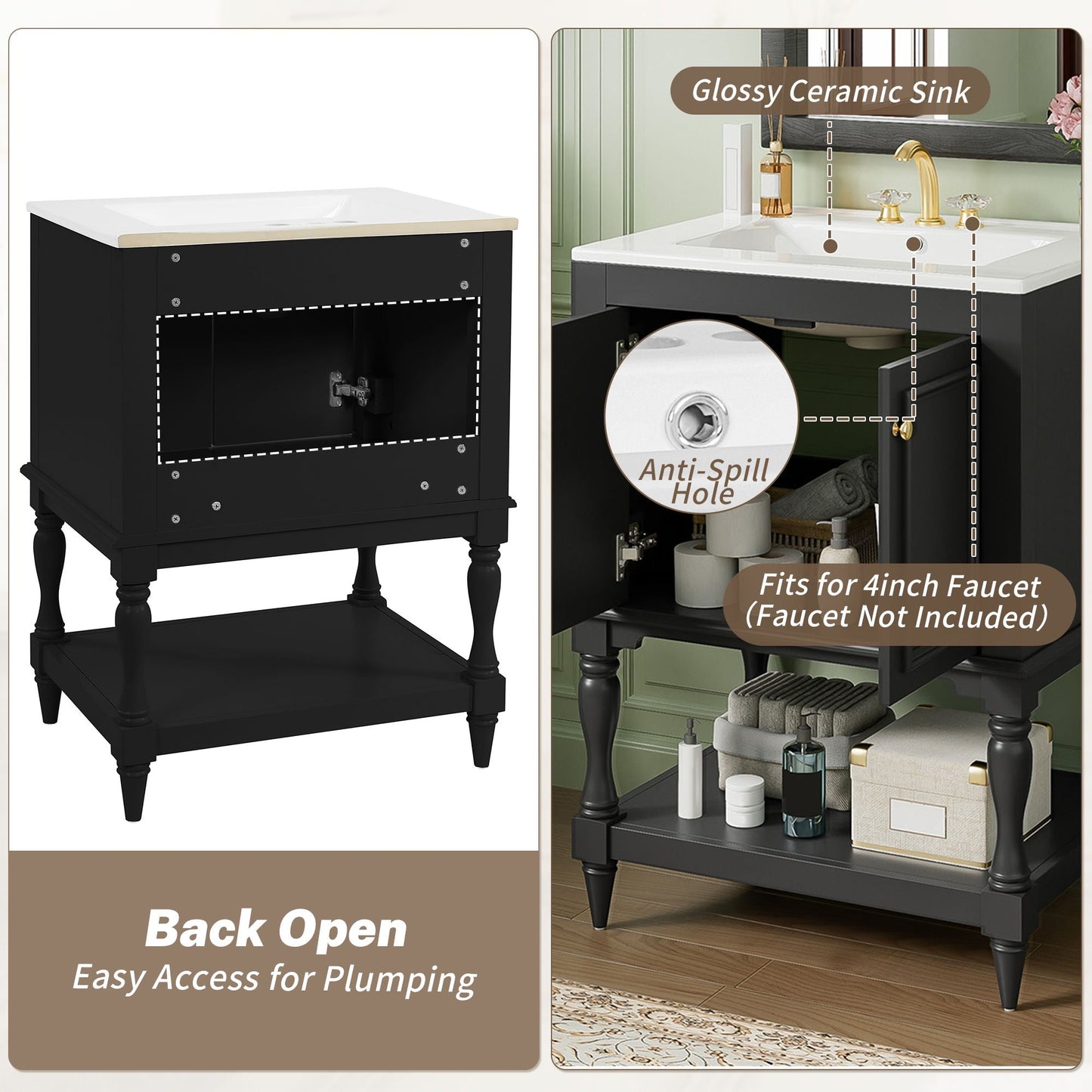 Modern Bathroom Vanity With Sink, Rectangular Cabinet With Open Shelf And Closed Storage