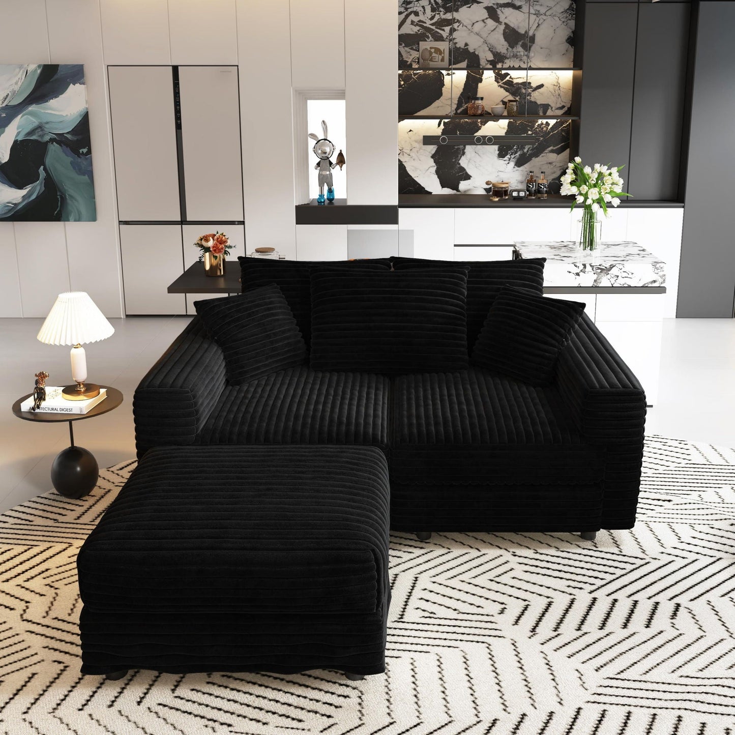 Deep Seat Convertible Sofa With Soft Pillows And Ottomans