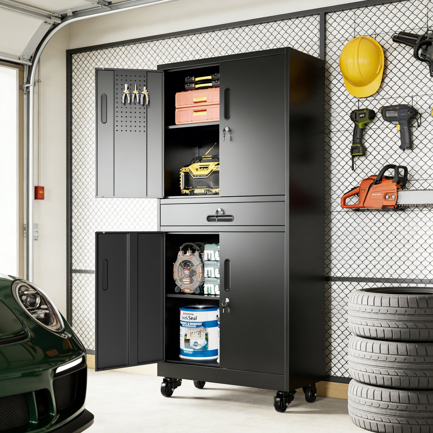 Metal Storage Cabinet with Drawer, Locking Doors, and Rolling Wheels