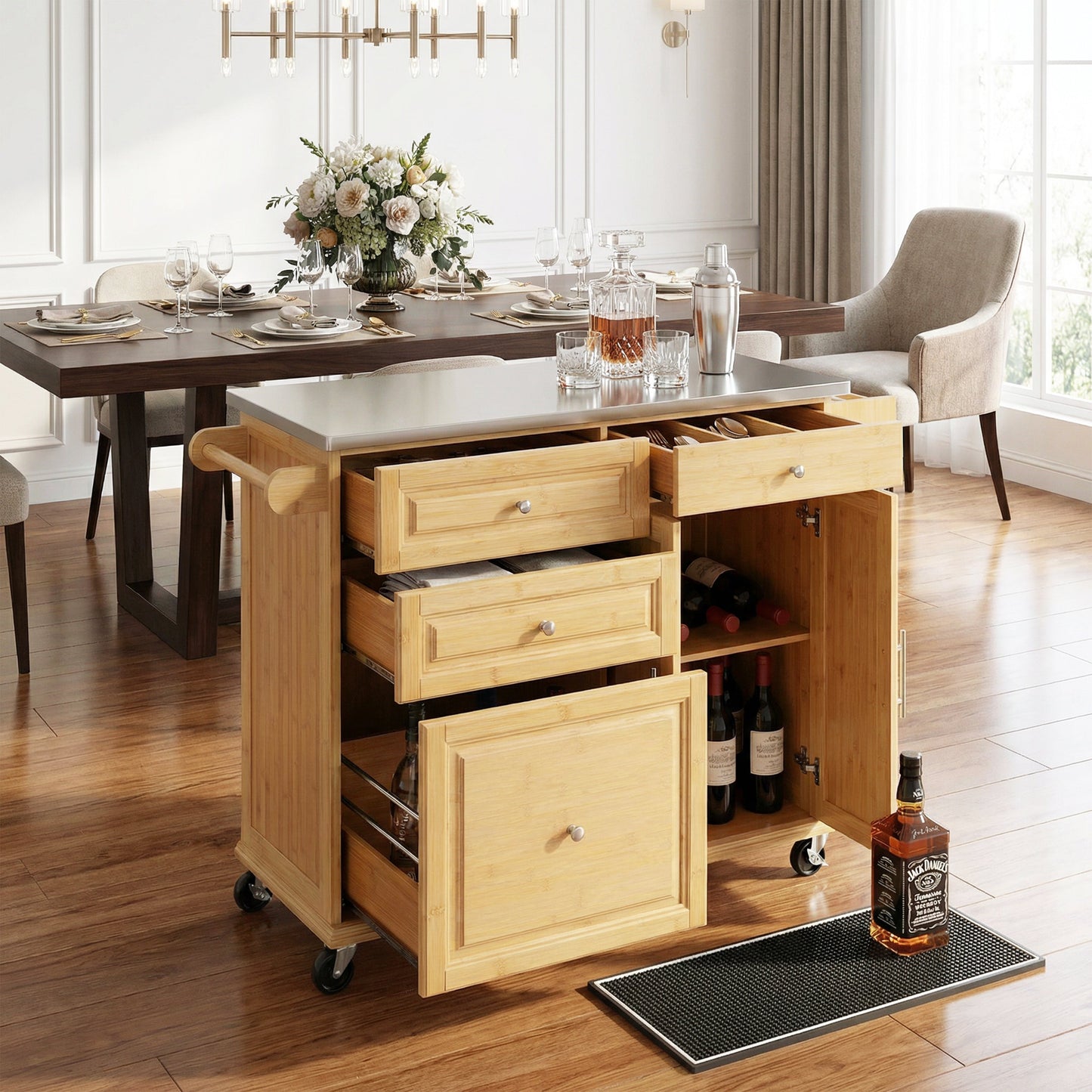 Indoor Bamboo Rolling Kitchen Island with Stainless Steel Top