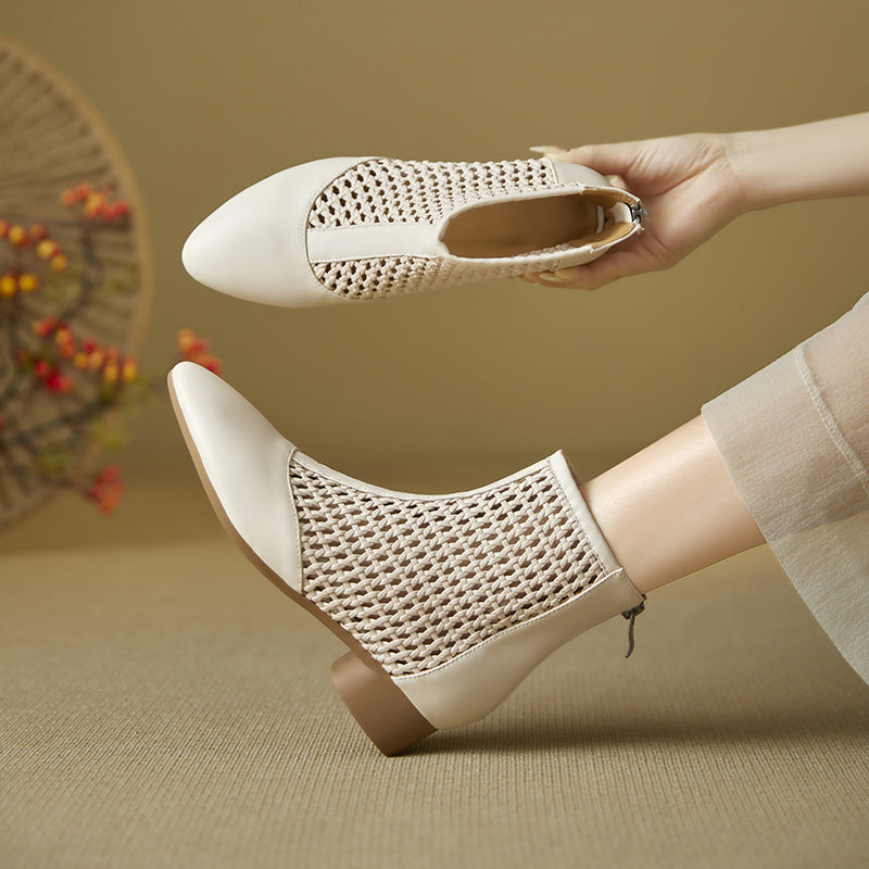Retro-style Minimalist Elegant Cowhide Low-heeled Shoes With A Back Zipper For Women