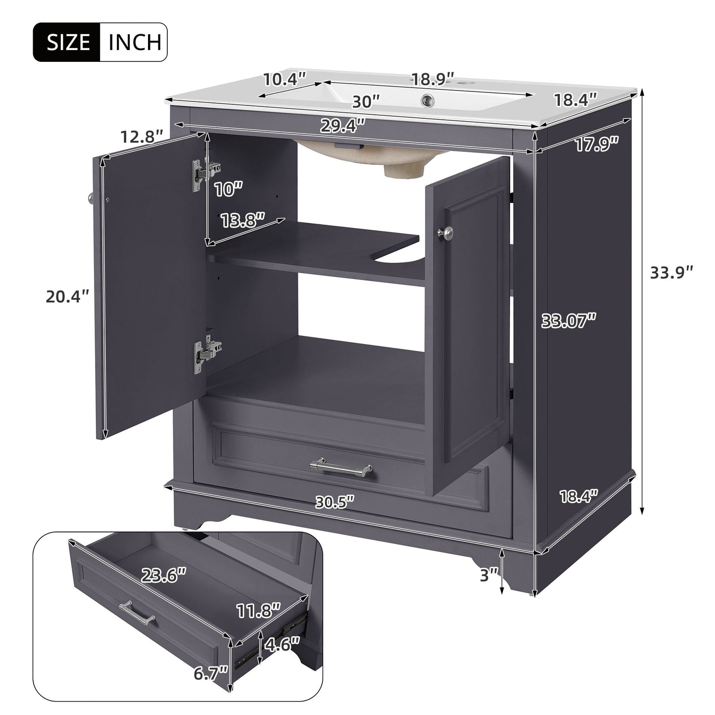 Bathroom Vanity With Sink, Cabinet & 2 Soft Closing Doors & Adjustable Shelf