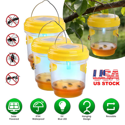 3Pack Solar Wasp Traps Outdoor Hanging Insect Catchers with UV Light for Paper Wasps Yellow Jackets Small Hornets Fruit Flies House Flies
