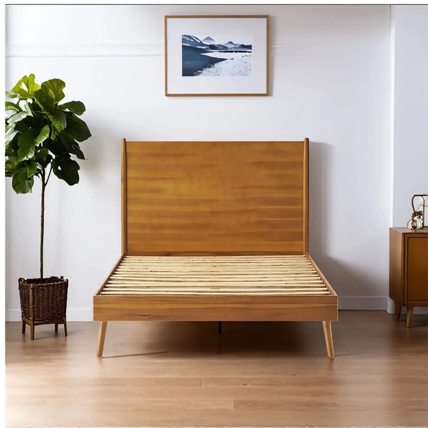 Okioki Mid-Century Natural Stained Solid Acacia Wood Bed