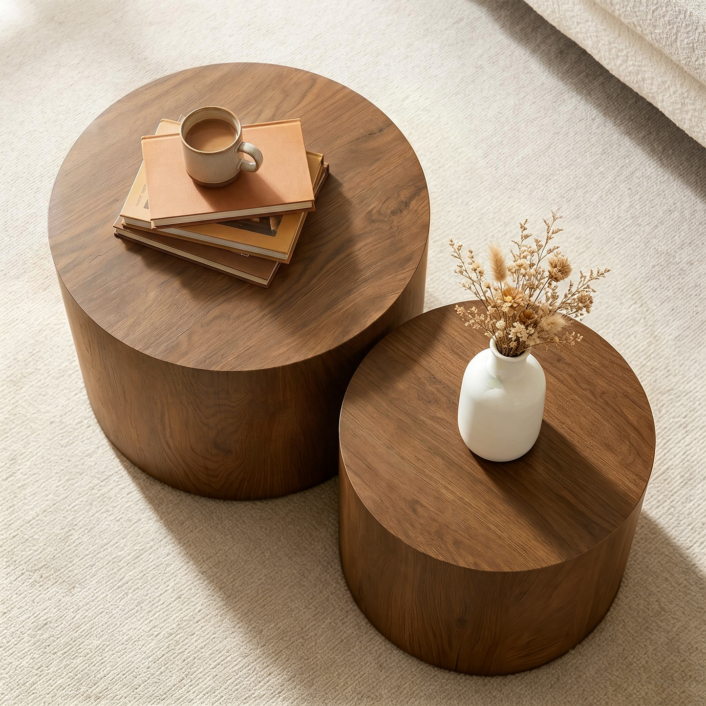 Nesting Coffee Table Set of 2, Modern Round Coffee Tables with Non-Slip Feet
