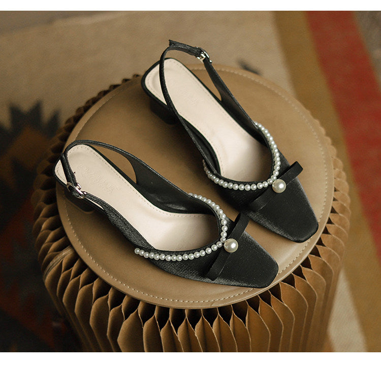 Women Block Heel Closed Toe Sandals, 2026 Summer New Fashion Square Toe Back Strap Pearl Fairy Style High Heel Pumps
