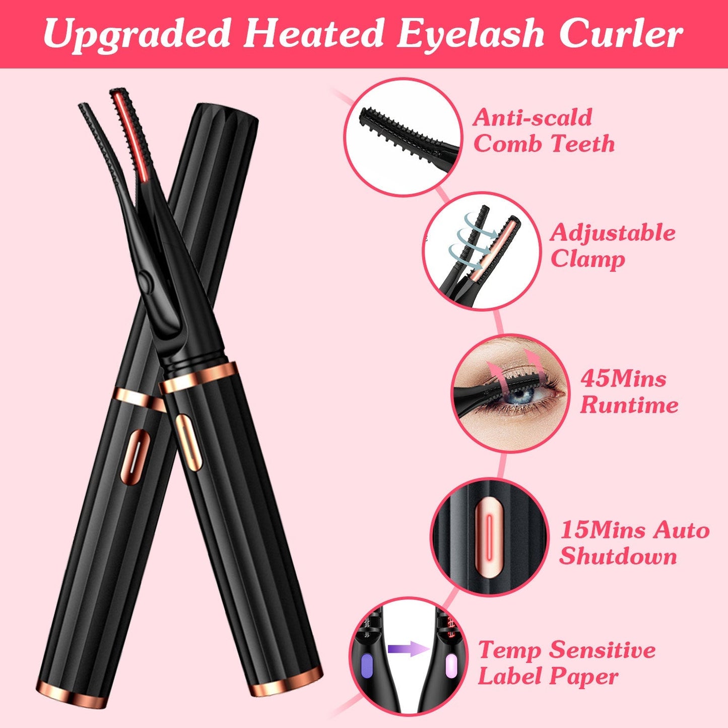 2 In 1 Clip Comb Heated Eyelash Curler Electric Mini Lash Curler Natural Eye Lash Makeup Tool with 3 Temp Settings 15Mins Shutdown