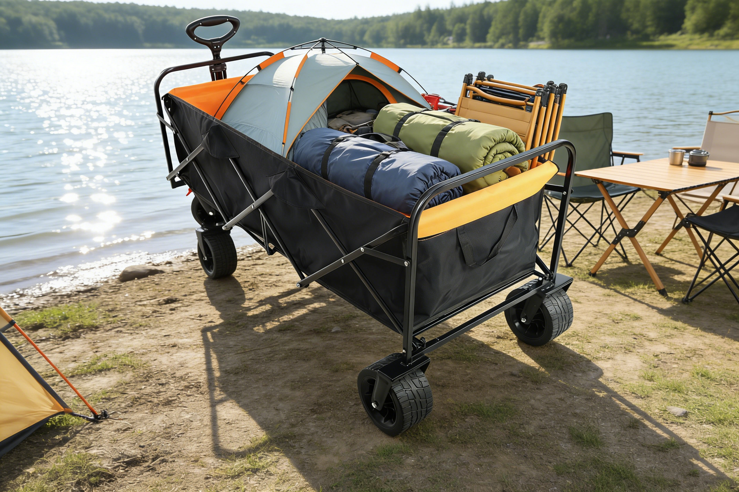 Big Large Capacity Folding Wagon Cart with Extender (Black + Orange)