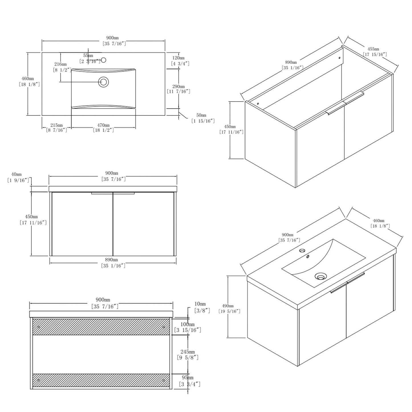 36 Inch Floating Bathroom Vanity with Ceramic Sink and Soft-Close Door