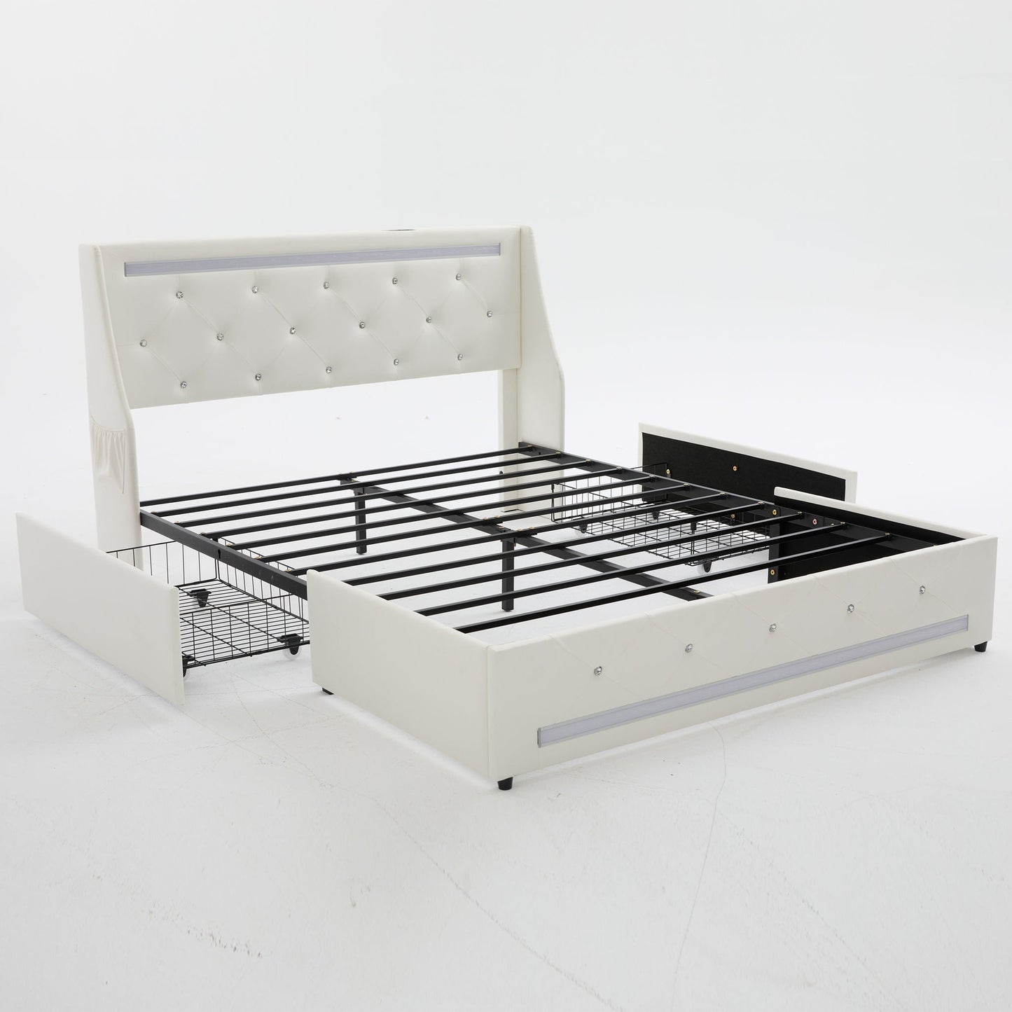 Wingback Upholstered Bed Frame With LED Lights, Charging Station