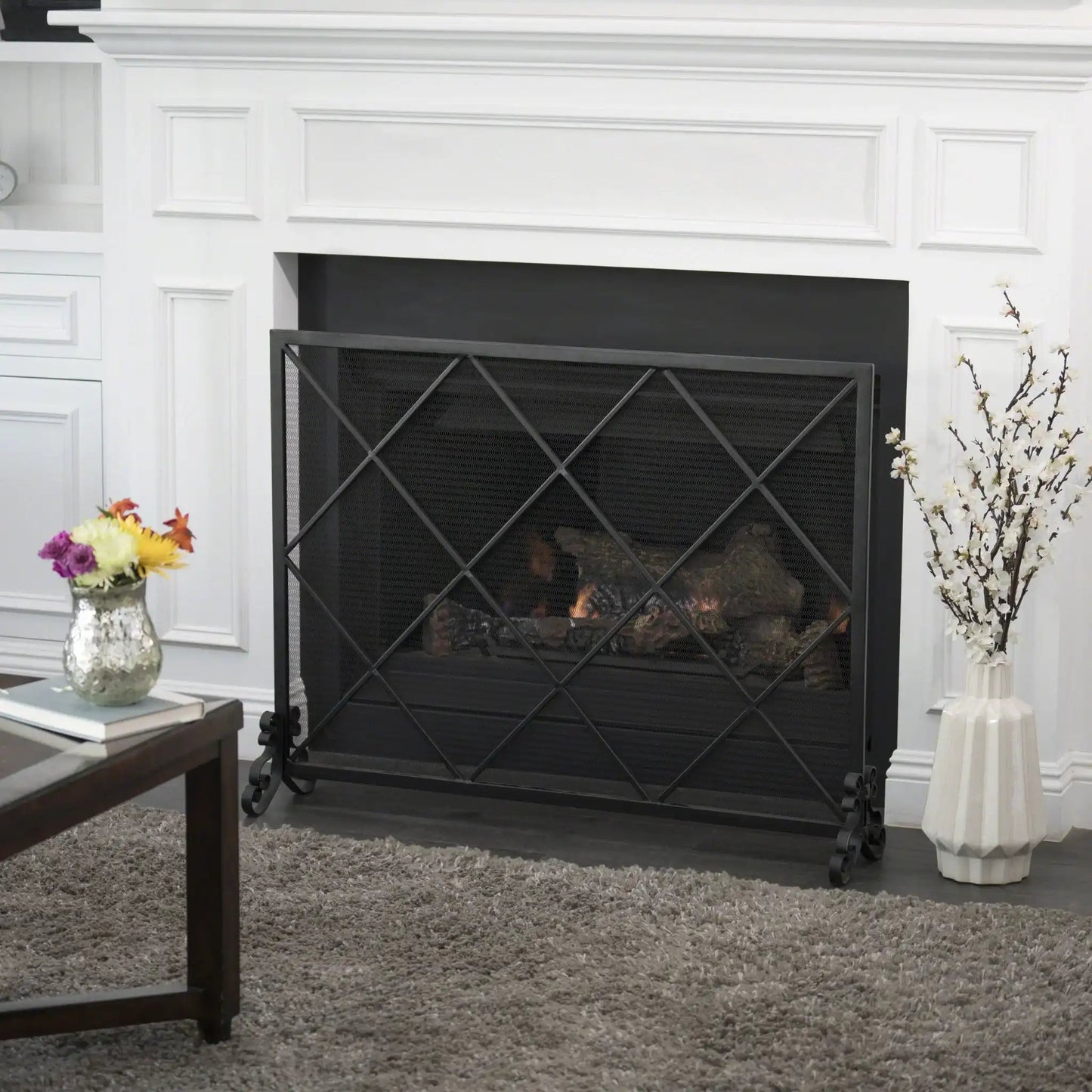 Minimalist Single Panel Iron Fireplace Screen with Diamond Design