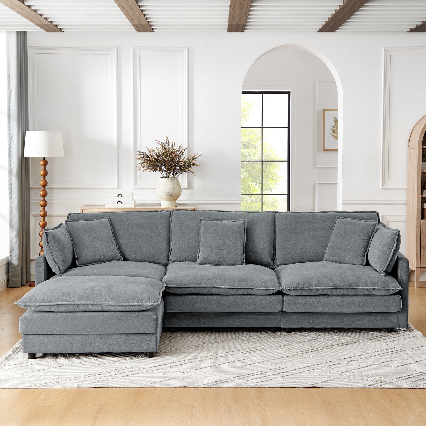 L-Shaped Sectional Sofa With Ottoman, Convertible 4 Seater Couch