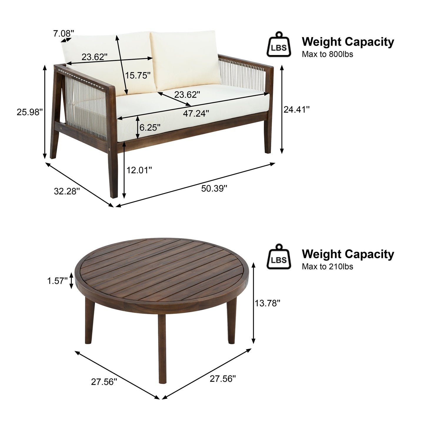 Outdoor Loveseat and Coffee Table Set, Acacia Wood Frame with Rope Detail