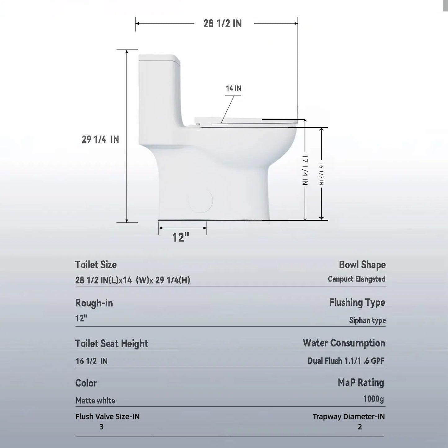 1.1/1.6 GPF Tornado Flush One-Piece Toilet with Comfort Chair Seat ADA Height 17"
