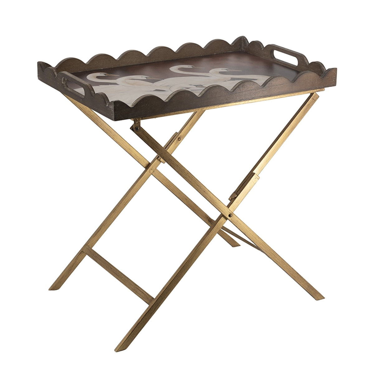 23.5x15.5x24 Brown MDF Tray Table with White Swan Motif and Iron Base