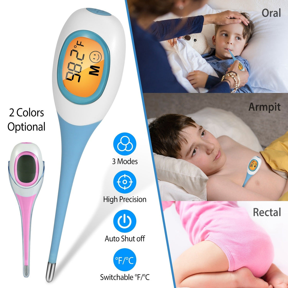 Oral Thermometer Body Thermometer Oral Rectal Underarm Temperature Thermometer C/F Switchable Accurate Fast Temperature Reading Fever Thermometer for
