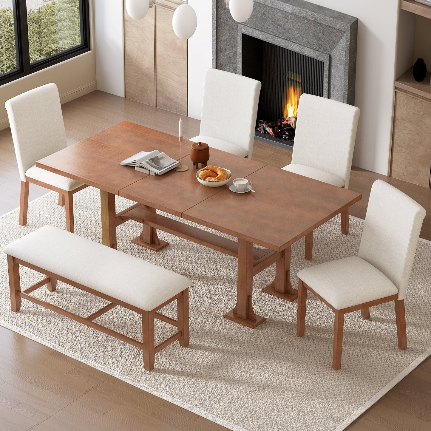 TOPMAX Farmhouse 76inch 6-Piece Extendable Dining Table Set