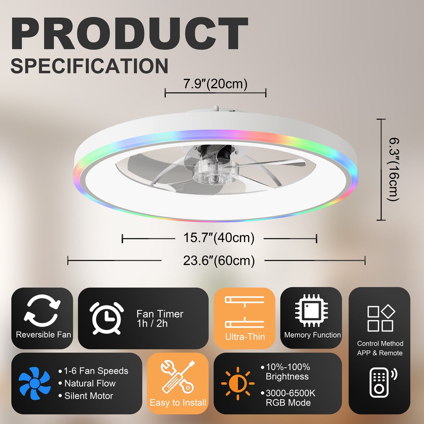 23.6" Modern RGB Ceiling Fan with Lights
