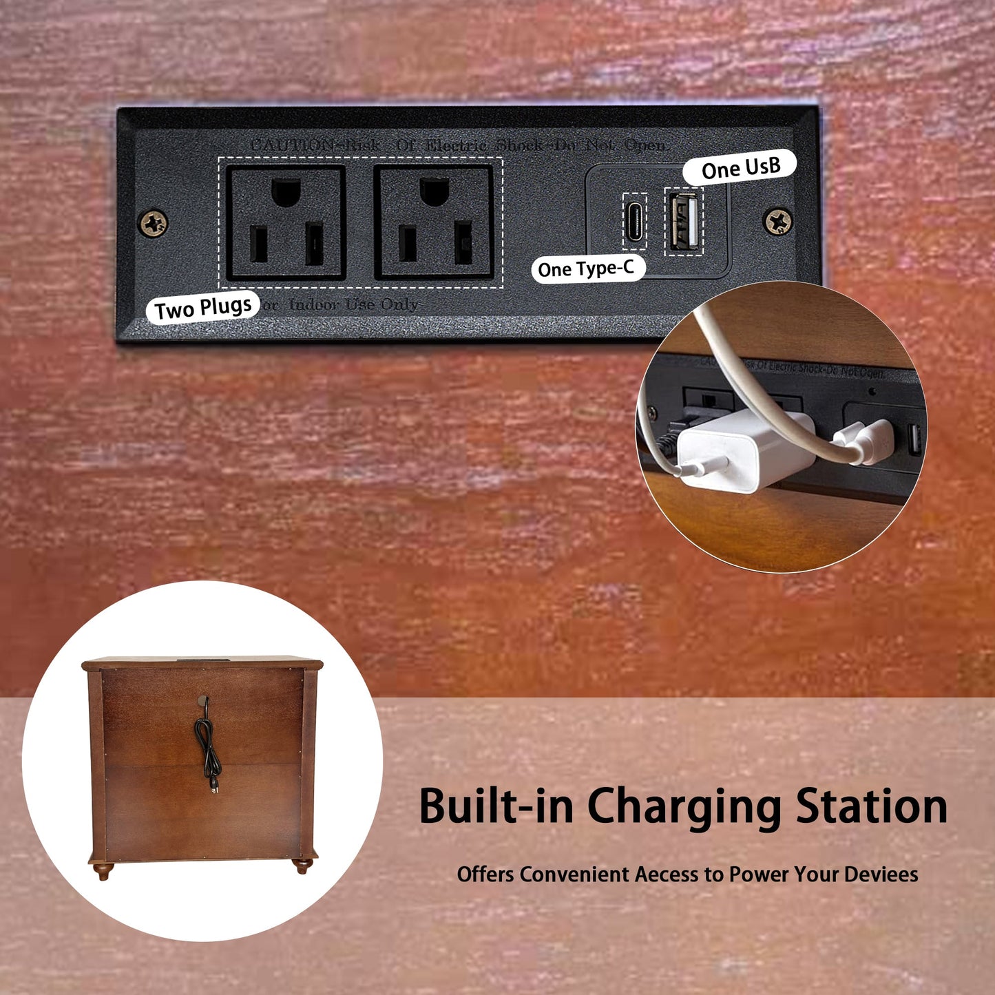 28" Nightstand with Charging Station, Rustic