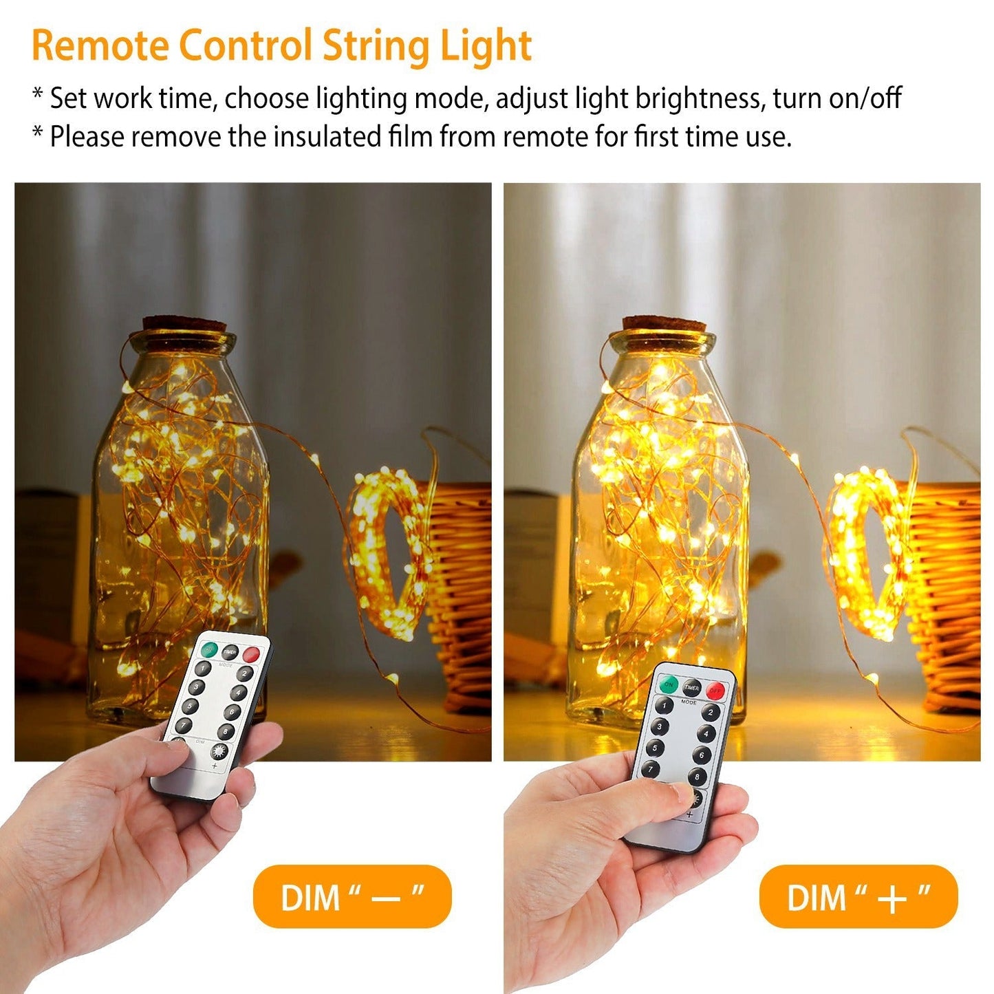 2Pcs LED String Lights 100LED Beads 32.8FT Copper Fairy Lights IP65 Waterproof Battery Operated Flash Lights with Remote Control For Wedding Party Jar
