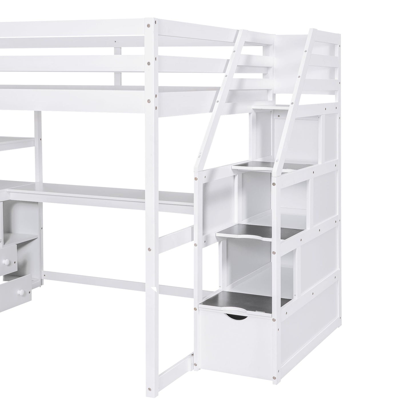 Loft Bed With Desk, Shelves, 2 Drawers, Storage Staircase