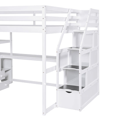 Loft Bed With Desk, Shelves, 2 Drawers, Storage Staircase