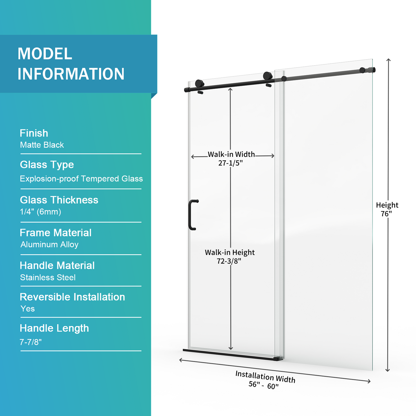 56" - 60" W x 76" H Single Sliding Frameless Shower Door