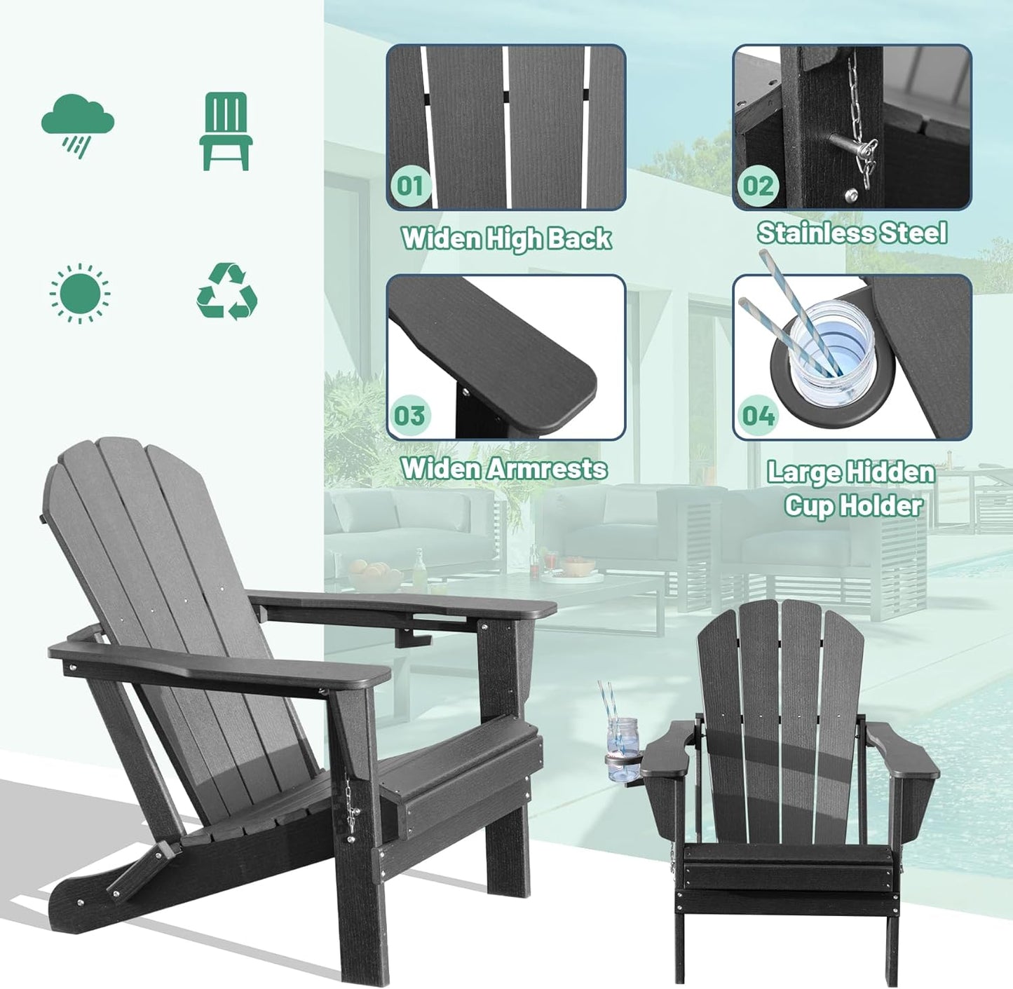Adirondack Chair with Folding Design and Cup Holder - Gray