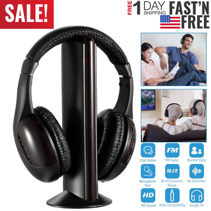 Wireless RF Headphones HiFi Over-Ear Headsets RF Transmitter Receiver w/ MicY-shaped Cable Monitoring Earphone 98.4ft Range for TV Radio CD