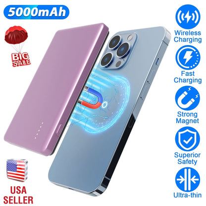 2 In 1 5000mAh 8MM Slim MagSafe Wireless Power Bank PD20W Magnetic Fast Charger Portable Phone Charger Fit for IOS Phone 15 14 13 12 Series And More