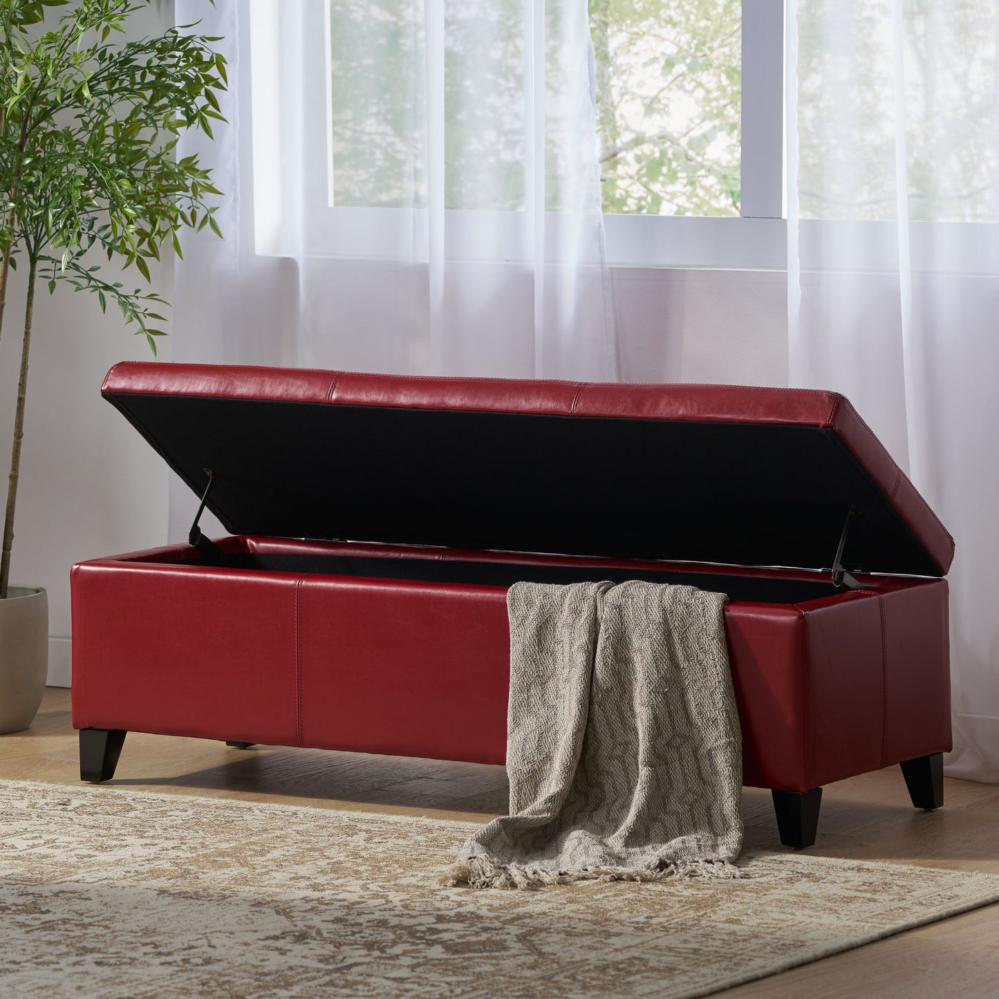 Upholstered PU Leather Storage Ottoman, Solid Wooden Legs
