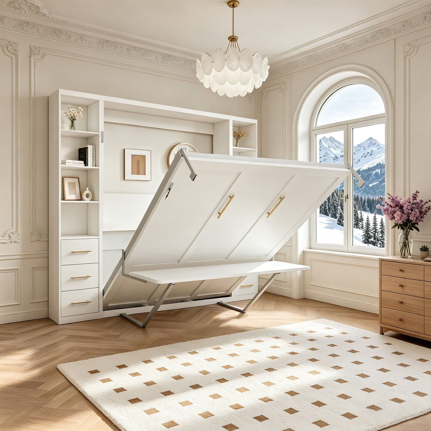 Queen Size Murphy Wall Bed With Side Storage Cabinets - White