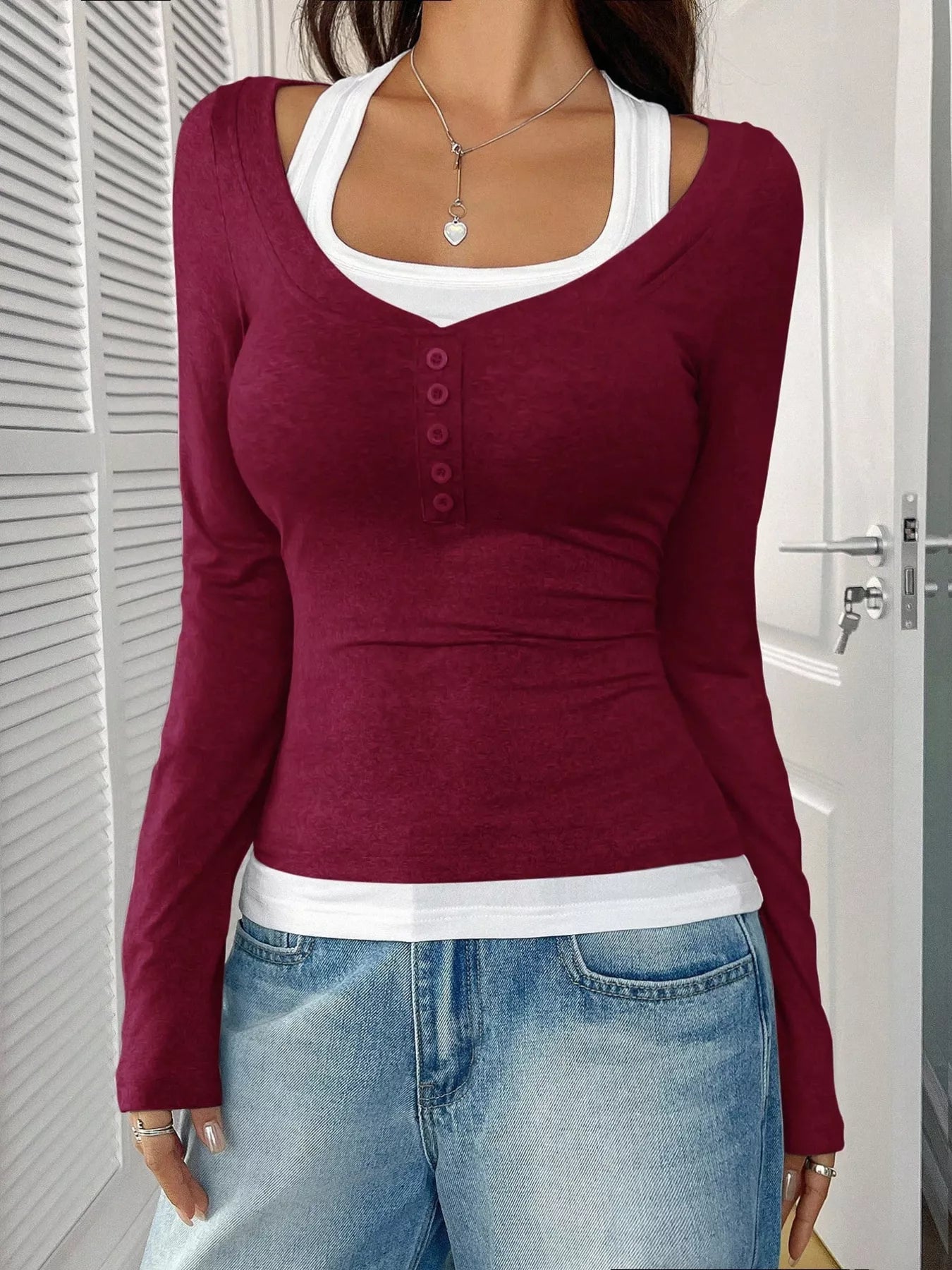 Scoop Neck Fake Two-Piece T-Shirt