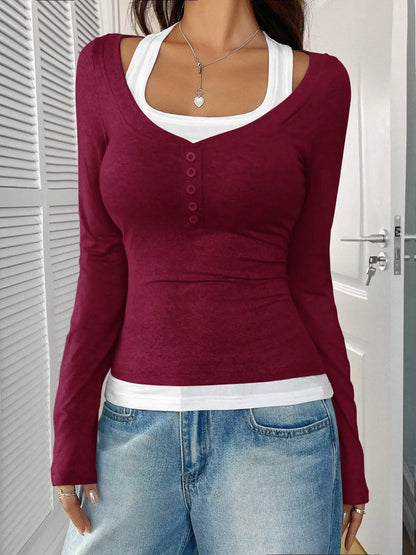 Scoop Neck Fake Two-Piece T-Shirt