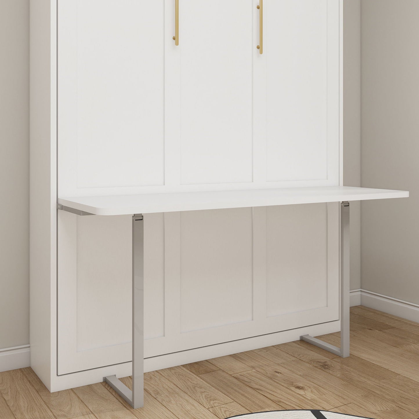 Queen Size Murphy Wall Bed With Side Storage Cabinets - White