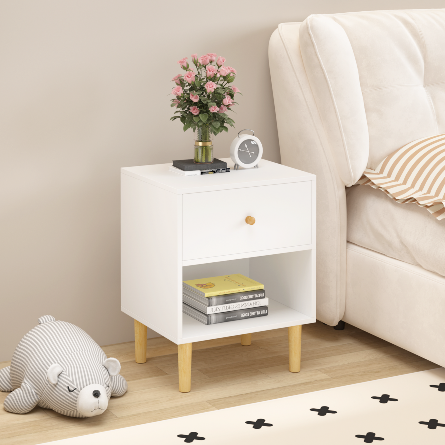 23.22"H Wooden Nightstand with One Drawer and Shelf