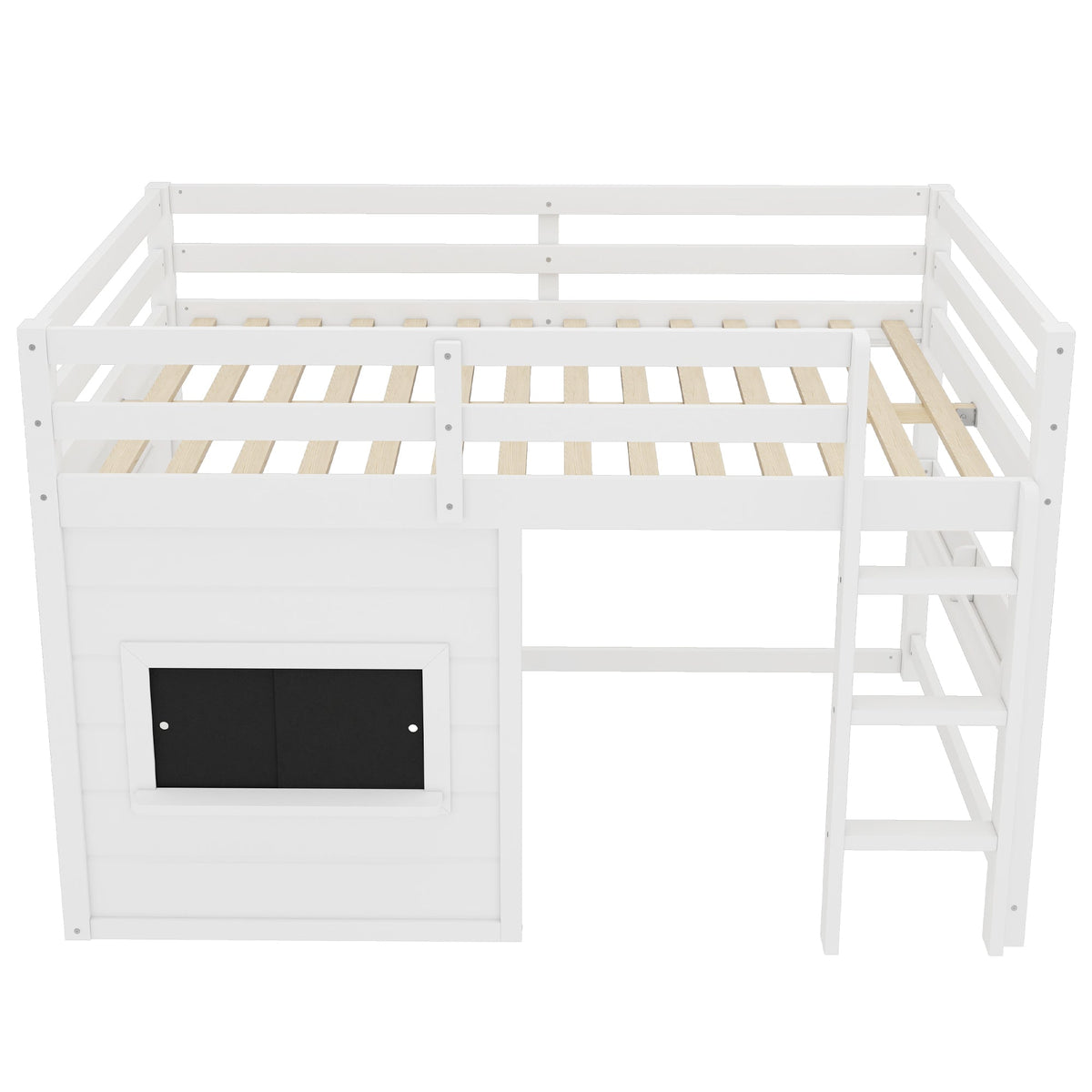 Full Size Loft Bed With Sliding Chalkboard & Bookshelf