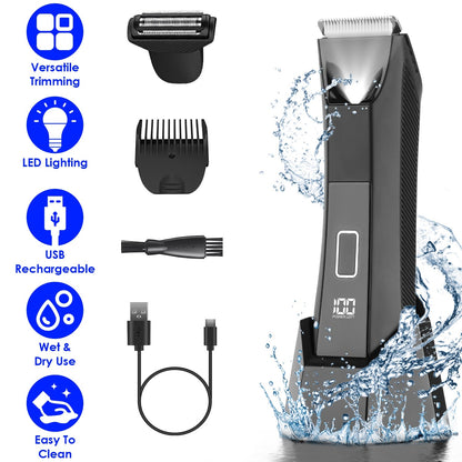 2 In 1 Electric Body Trimmer for Men Cordless Beard Groin Ball Pubic Hair Shaver IPX7 Waterproof Razor with LED Light LCD Display Guard Comb Shaving H