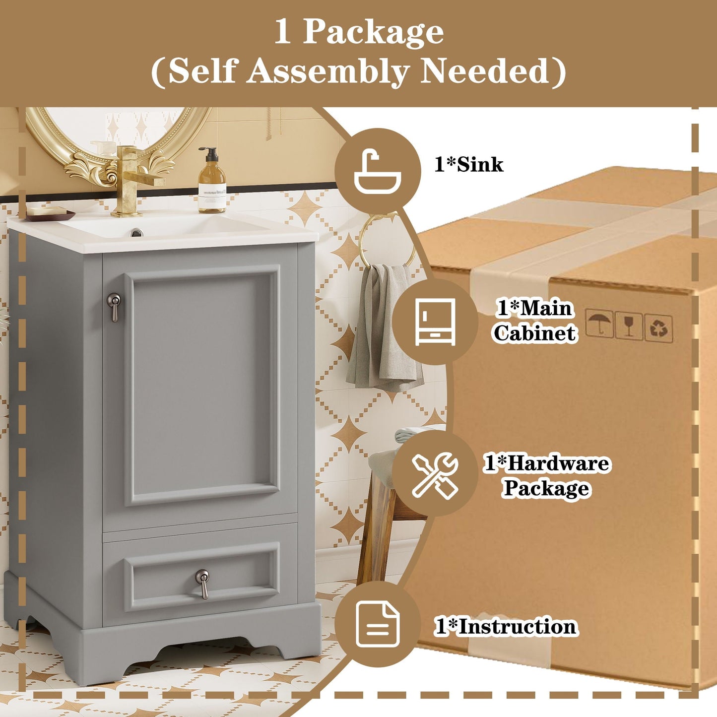 Bathroom Vanity With Sink, Soft Close Door, Adjustable U-Shaped Shelf