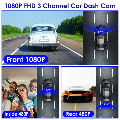1080P FHD 3 Channel WiFi Dash Cam 170¡ Wide Angle Triple Car Camera With IR Night G-Sensor Motion Detection Loop Recording App Control Support 128G Ma