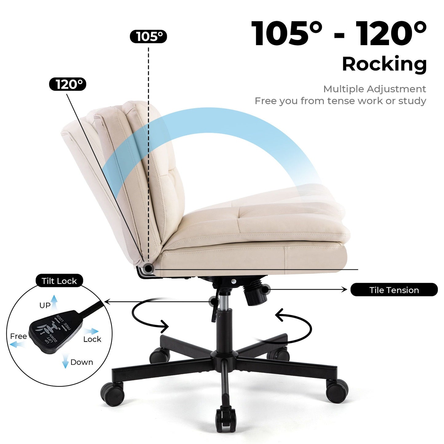 Large Size Swivel Home Office Desk Chair Armless Office Room Chair - Beige
