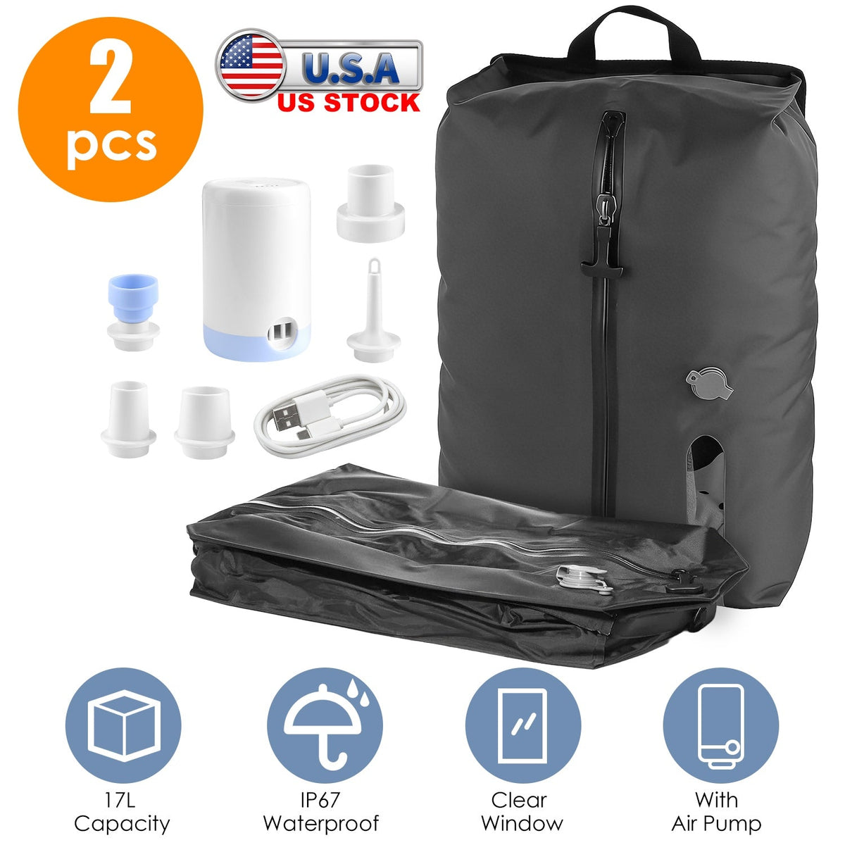 17L Vacuum Storage Bags with Rechargeable Pump (2-Pack)