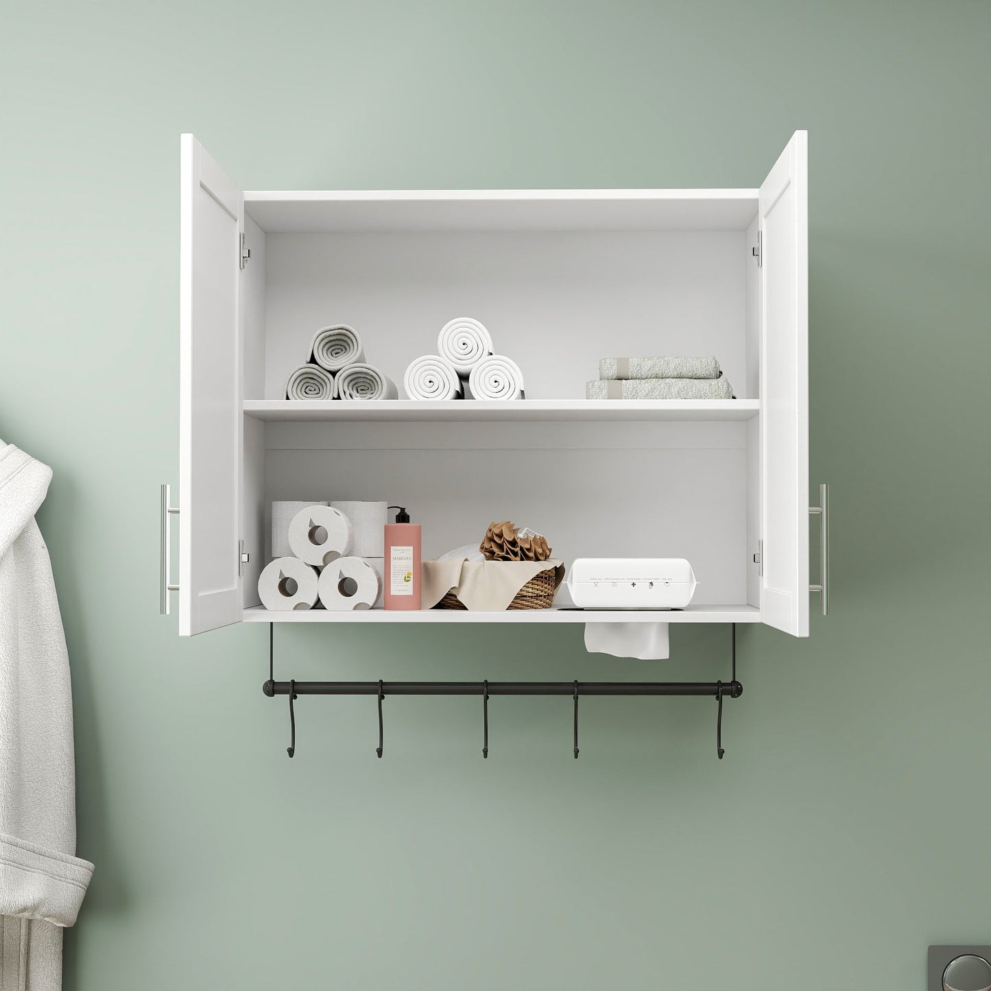 Bathroom Wall Cabinet with Adjustable Shelf, Towel Bar, and 5 Hooks